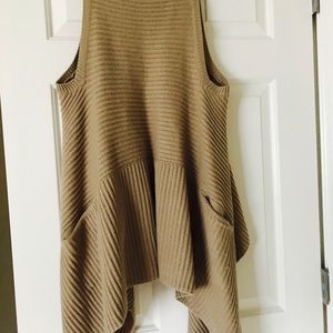 Camel handkerchief style, sleeveless cardigan.
